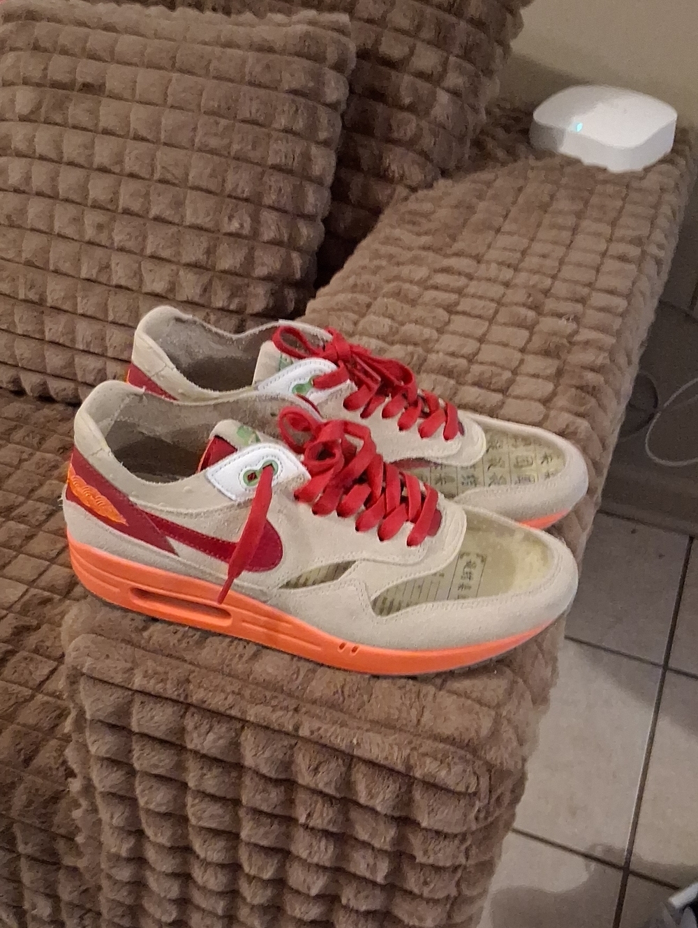 Nike Beige Suede Sneakers with Red Swoosh and Orange Sole
